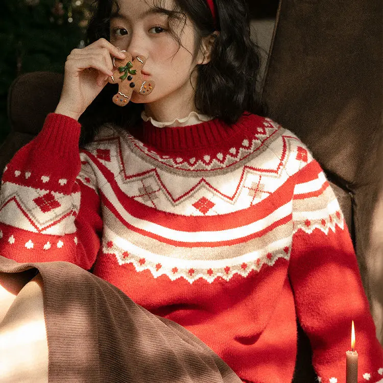 Новогодний и рождественский красный вязаный свитер женский зимний свободный топ