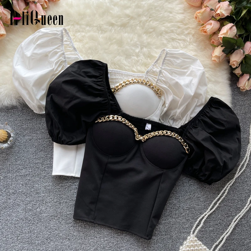 

Блузка женская с коротким рукавом-фонариком, эластичная Модная рубашка с цепочкой, без бретелек, в Корейском стиле, белый и черный цвета, на ...