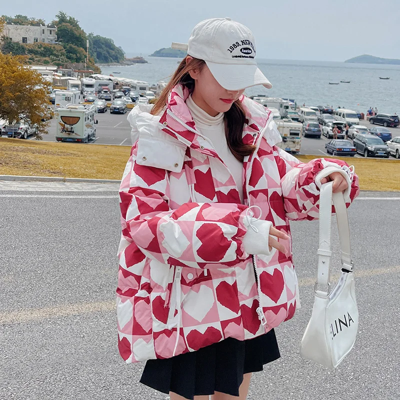 Winter Women's New 2022 Down Cotton Jacket Ladies Korean Version Loose Thickening Hooded Print Love Large Size Warm Winter Parka