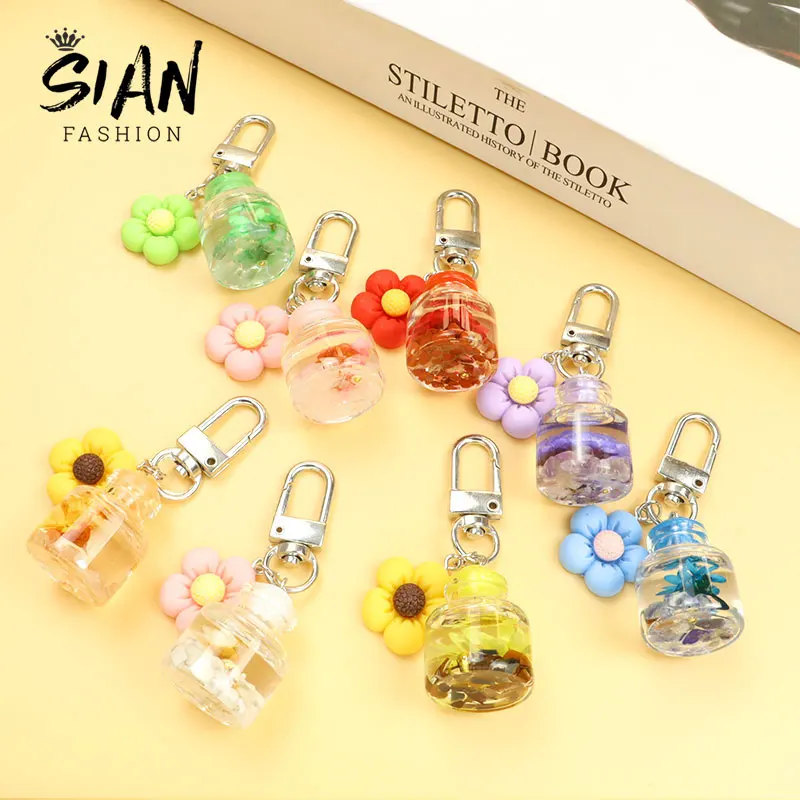 

Creative Dried Flower Plants Keychain Colorful Quicksand Wish Bottle Keychains Cute Resin Sunflower Key Ring Women Bag Accessory