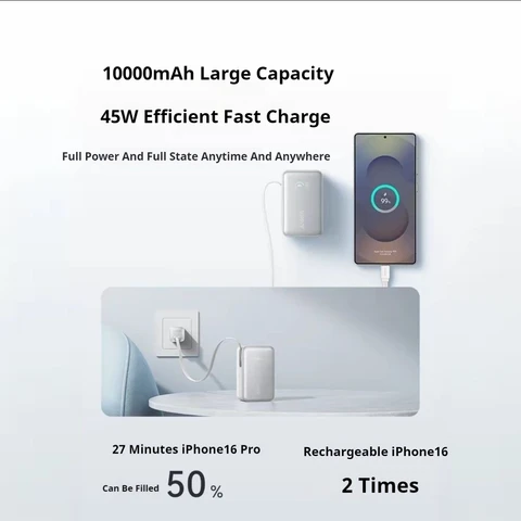 Anker 10000 мАч Power Bank PD 45 Вт Быстрая зарядка со встроенным выдвижным кабелем Instacord Портативная внешняя батарея для iPhone 17