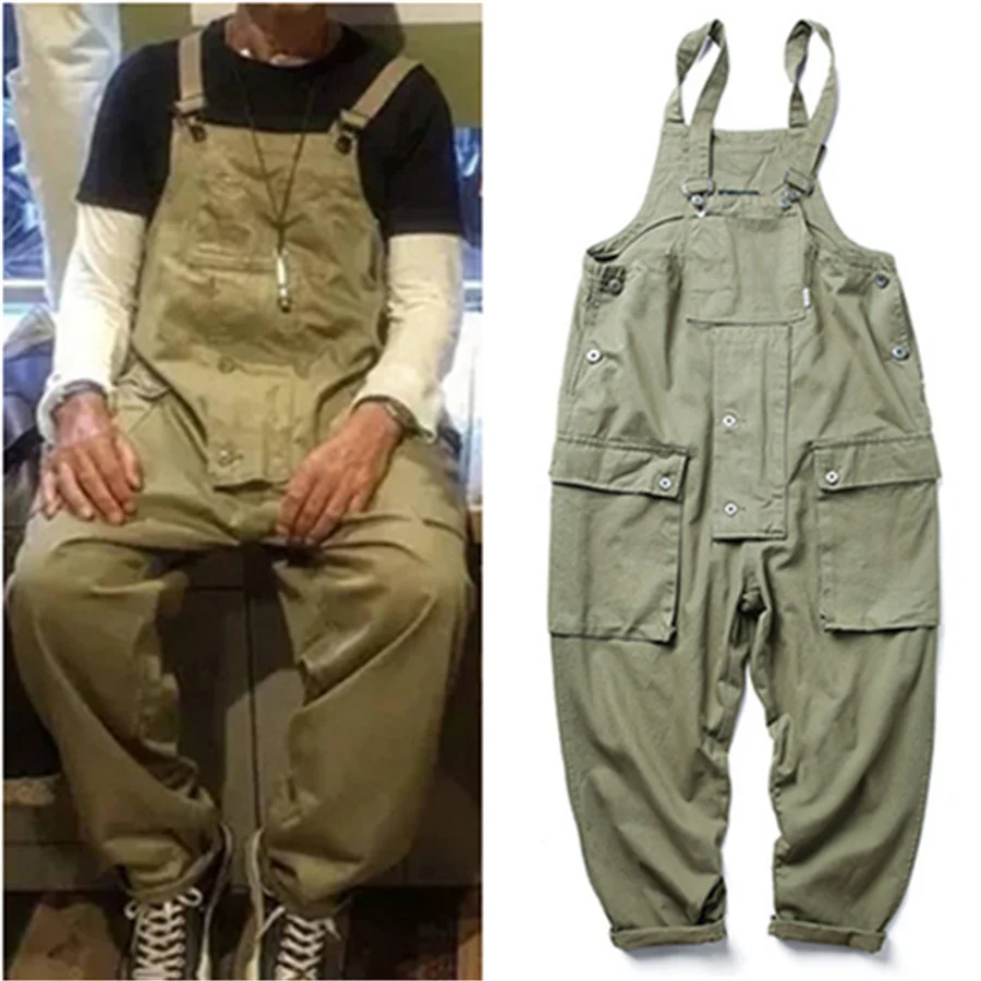 2024 New Men's Cargo Pants Casual Streetwear Solid Color Loose Overalls Multi-Pocket Jumpsuit Men Suspenders Baggy Work Wear