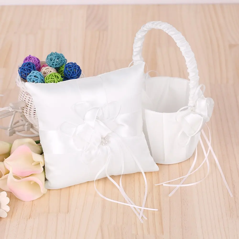 

7 * 7 inches Ivory White Satin Flower Bowknot Ring Bearer Pillow and Wedding Flower Girl Basket Set