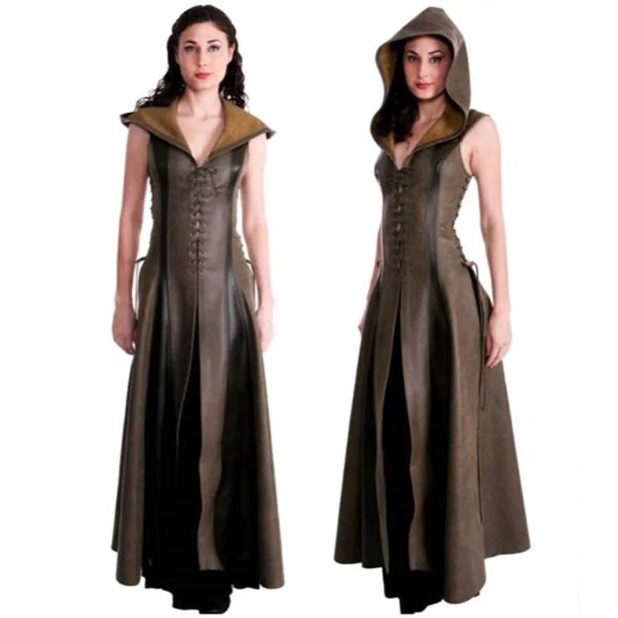 Женский длинный костюм с капюшоном длинное винтажное платье без рукавов из кожи