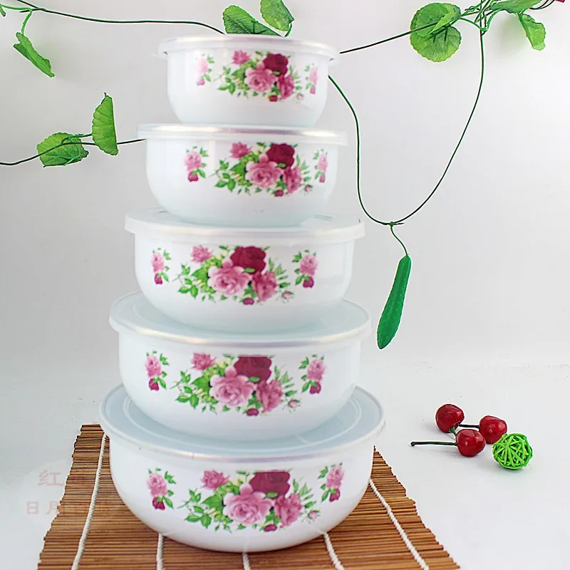 

5pcs Bowls set Retain Freshness Enamel Mixing Bowl Utensils Enamel Kitchen Tool with Sealing Cover