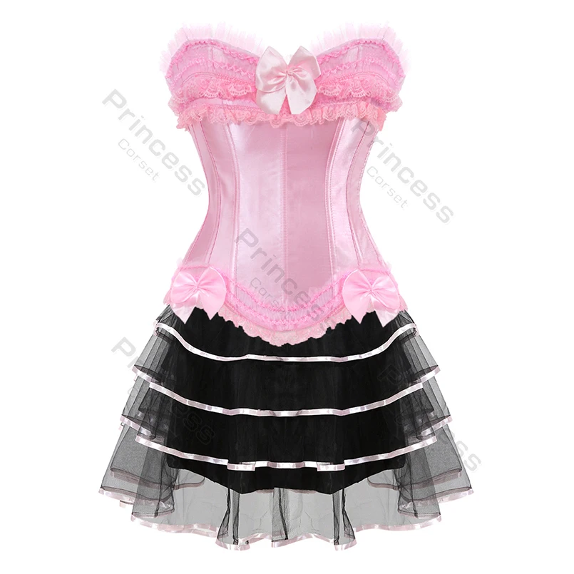 

Pink Corset Dress for Women Princess Corset Bustier Mesh Skirt Burlesque Costume Lace up Corset Dress Overbust Plus Size