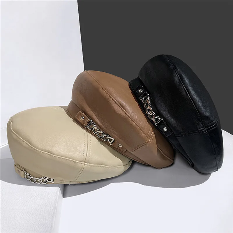 

Vintage Women Beret Solid Beret Cap PU Leather Chain Beret French Artist Warm Beanie Hat Female Ladies All-Match Adjustable Hat