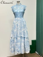 2022 summer new french style commuting lace patchwork printed large swing dress high waist slim elegant short sleeve long dress