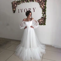 off the shoulder boho puff sleeve tulle wedding dress backless ruched pleated bride gown robe de mari%c3%a9e beach long wedding gown