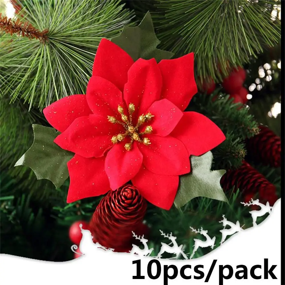 

14cm DIY Wedding Favors Artificial Decor Home Decoration Xmas Gift Christmas Tree Flowers Poinsettia Glitter Ornament