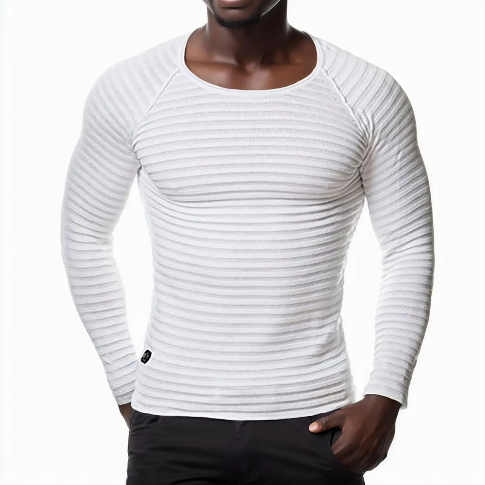 

Мужская зимняя и осенняя Повседневная футболка в полоску, топы с круглым воротником и длинным рукавом, футболка оверсайз, свободная уличная одежда, футболка