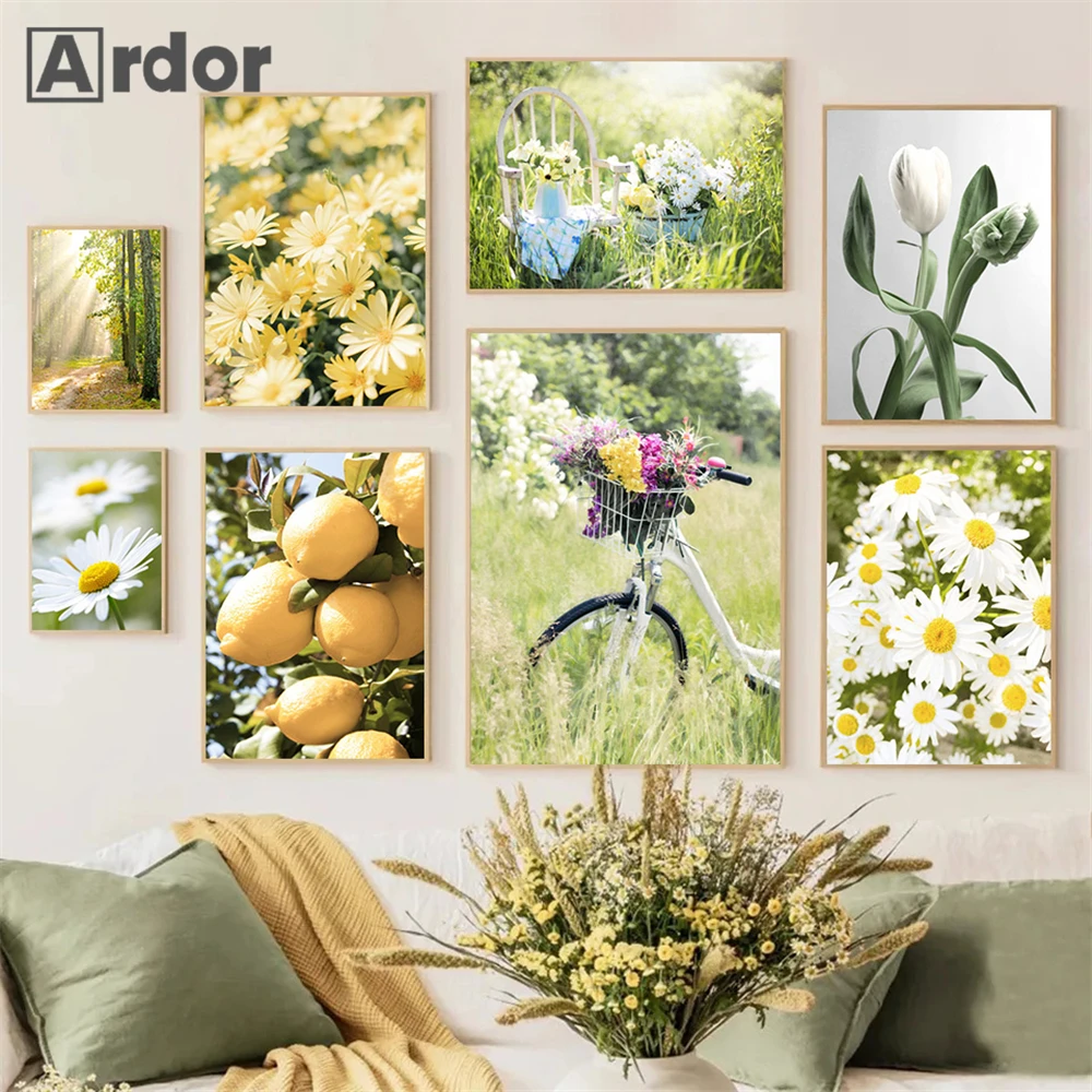 

Nature Landscape Spring Canvas Poster Daisy Art Painting Lemon Wall Posters Bike Print Nordic Wall Pictures Living Room Decor