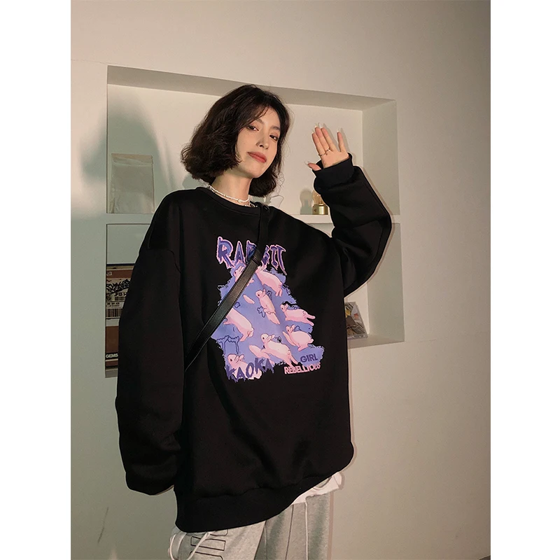

Vintage New Black Crew Baggy Sweatshirt Women Autumn Winter Harajuku Girl Cartoon Printing Fashion Long Sleeves Pullover TOP