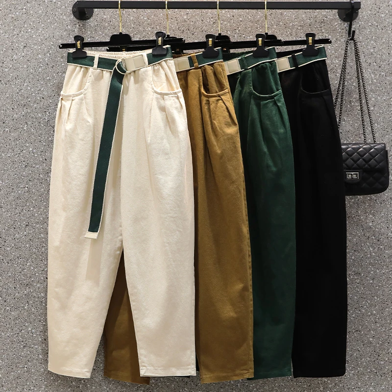 Женские хлопковые джинсовые брюки до щиколотки, повседневные свободные шаровары с поясом на резинке, модель V798 в Корейском стиле на весну, 2022