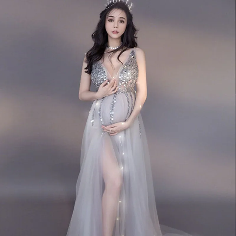 

Одежда для беременных женщин сексуальное Сетчатое Прозрачное платье для беременных с V-образным вырезом и блестками платье для беременных для фотосессии