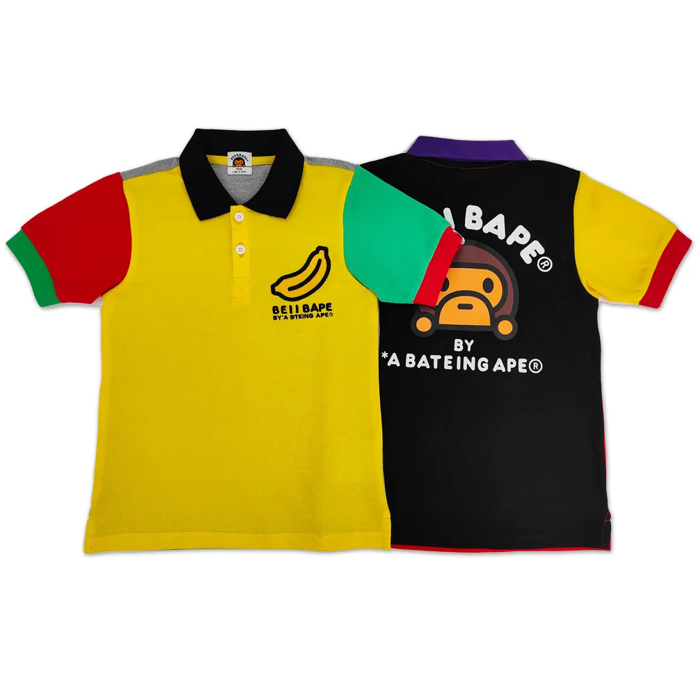 

Модная детская футболка BEII & BAPE, рубашка-поло с вышивкой в виде банана, контрастный Свободный Топ с короткими рукавами и обезьянами