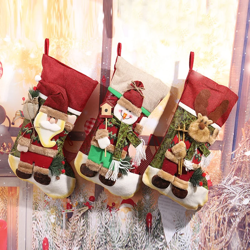 

Милые рождественские чулки, украшение для рождественской елки, Подарочный пакет для конфет, снеговик, Санта-Клаус, лось, медведь, принт, дома...