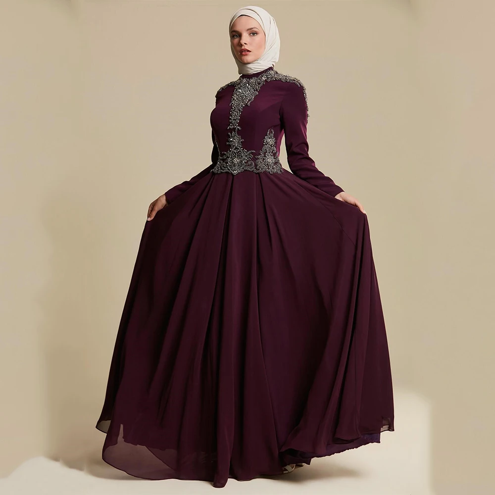 

Burgundy Evening Dress Vestido De Festa Longo High Neck Long Sleeves Beading Luxury Chiffon Muslim Prom Dresses Party Gown