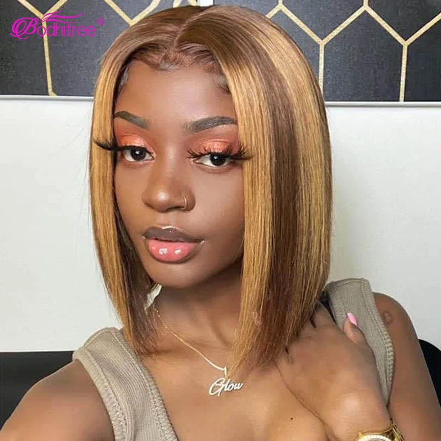 P4/27 Highlight Wigs Straight Short Bob Wigs For Women Human Hair Brazilian Virgin Short Bob Ombre Bone Straight 4x4 Closure Wig