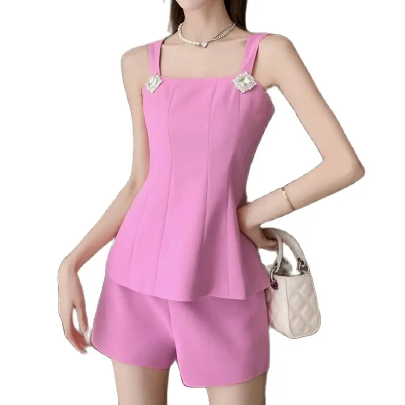 

Red Sleeveless Women Top with Shorts Two Pieces Set High Quality Women Summer Fashion Set Hollowed Back with Bowknots