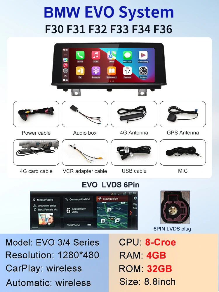 

Новый 8,8-дюймовый беспроводной автомобильный Android-экран CarPlay для BMW 3/4 серии F30 F31 F32 F33 F34 F36 Автомобильные видеоплееры GPS-навигация