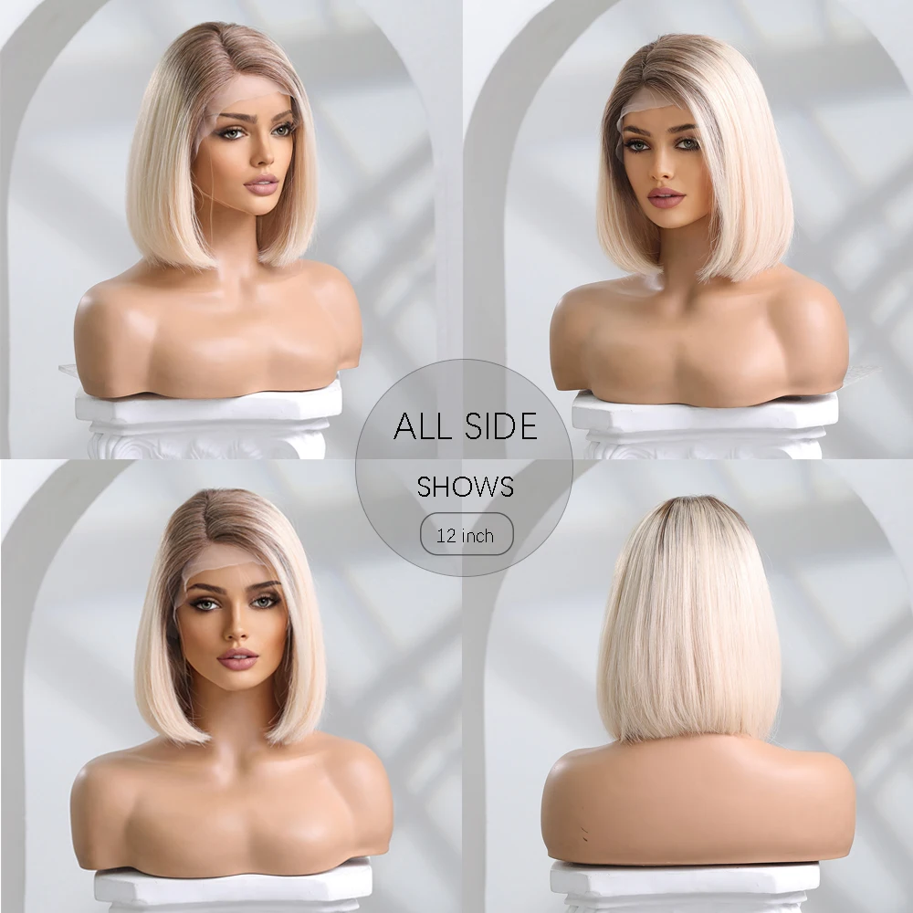 HAIRCUBE Ombre Brown Platinum Blonde Bob Human Hair Lace Front Wig Side Part Medium Long Lob Straight Remy Hair Wigs for Women
