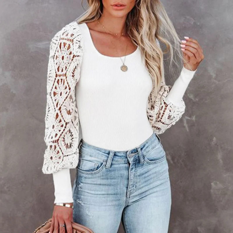 

Весенне-осенняя Элегантная Модная кружевная Лоскутная облегающая футболка, Женский Универсальный пуловер с длинным рукавом-фонариком, Жен...