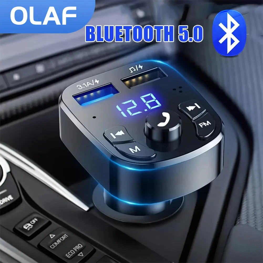 

Автомобильное зарядное устройство OLAF с двумя USB-портами, Bluetooth 5,0, FM-передатчик, беспроводной аудио-приемник громкой связи, MP3 модулятор, быст...