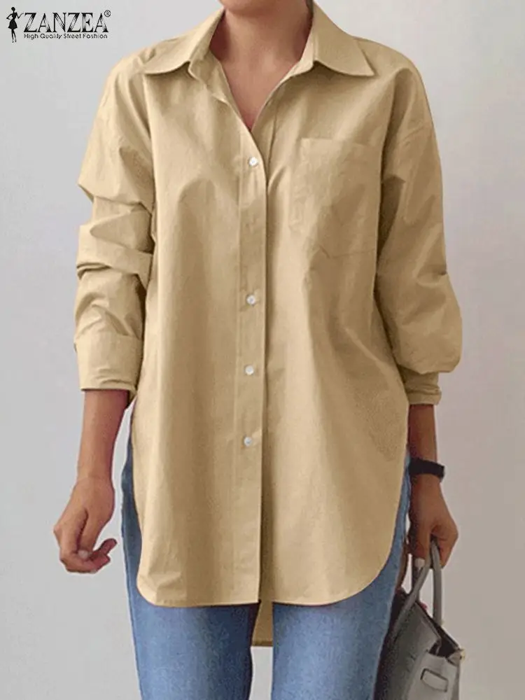 Zanzea Женская Однотонная Офисная Рубашка С Длинным Рукавом Повседневная Блузка