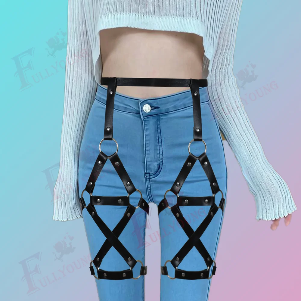 

Fullyoung Vintage Sexy Women Adjustable Leather Punk Belts Body Leg Bondage Cage Punk Sculpting Harness Waistband Straps Belt