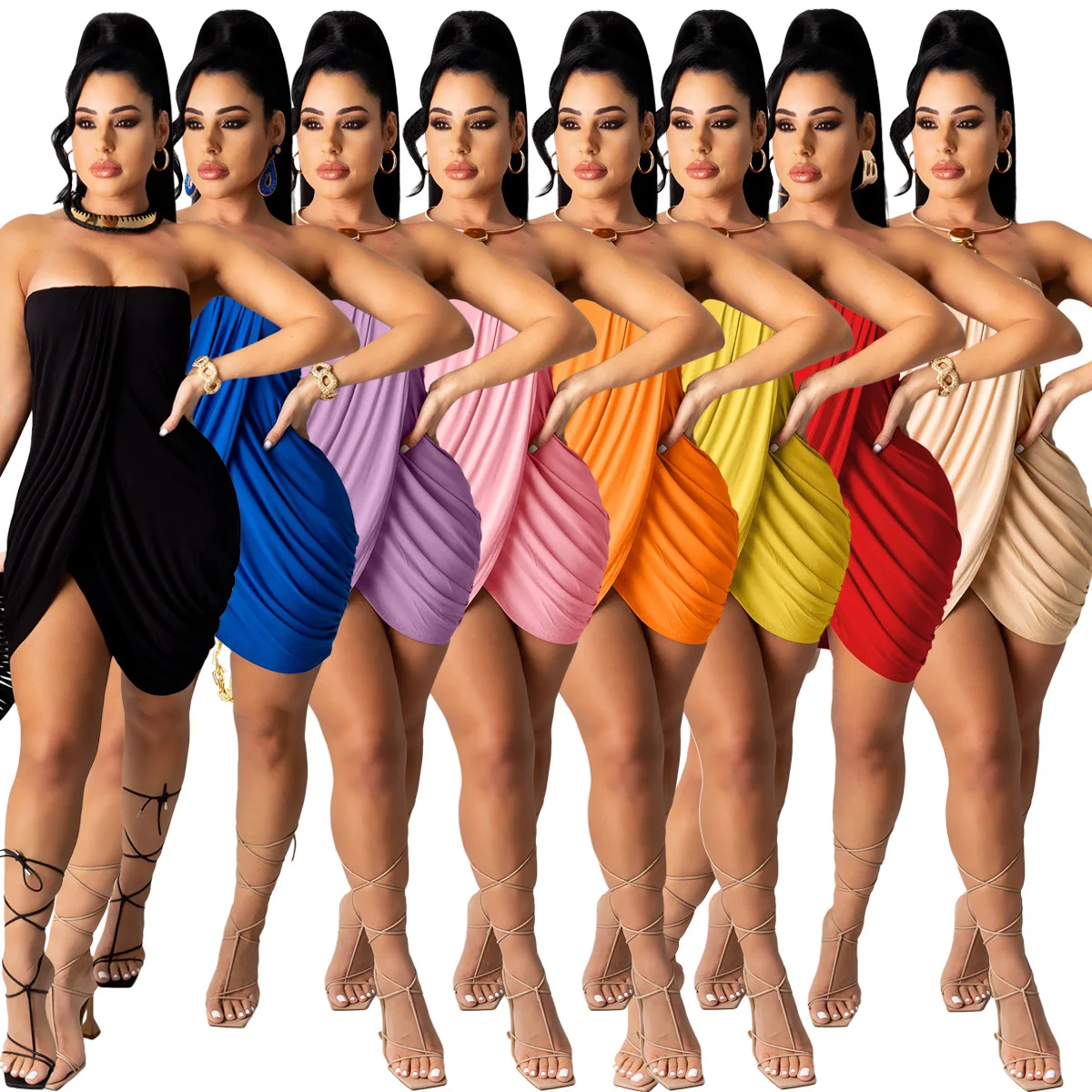 

Women's wear pure color sexy chest wrapped slit dress