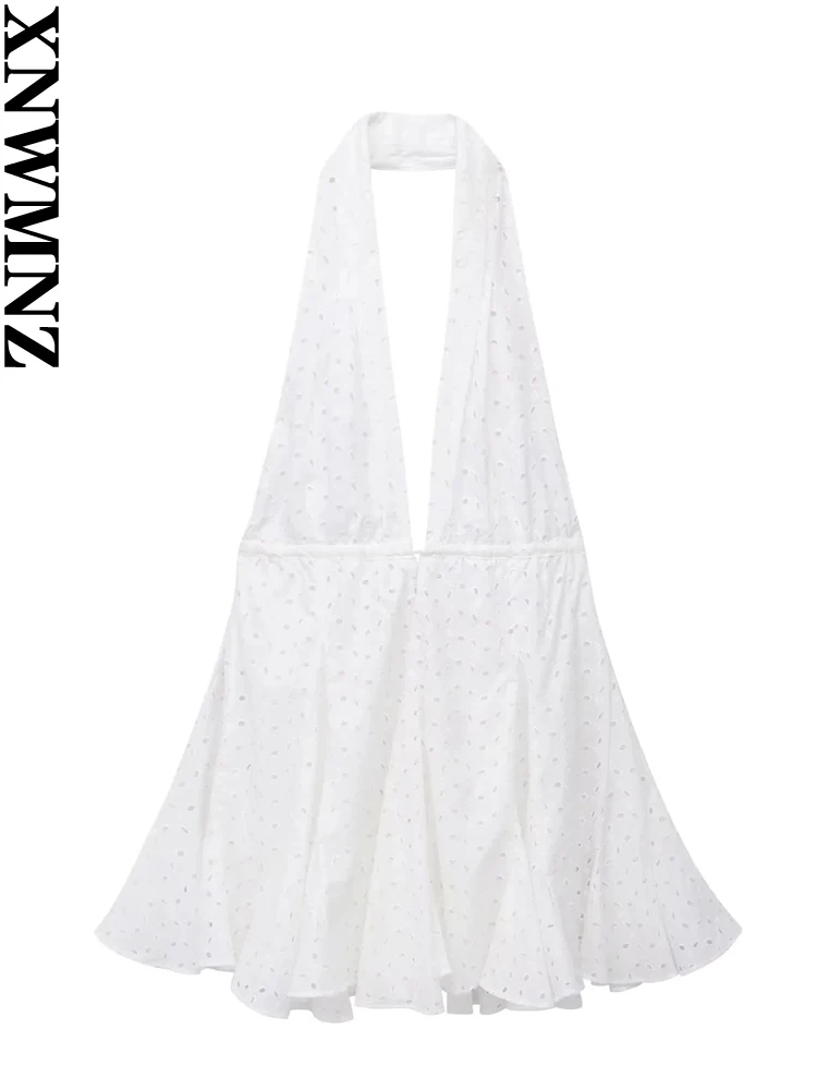 

XNWMNZ Women's Fashion 2023 White Cutwork Embroidery dress Vacation Style Halter Neck Voluminous Hem Female Mini Dresses