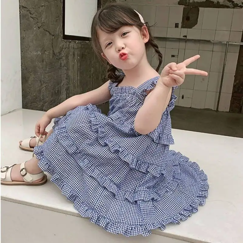 

Summer 2022 New Arrivals Girls Cotton Sleeveless Ruffles Plaid Blue Roupa Infantil Menina Cute Party Dress Custume 18M-6T