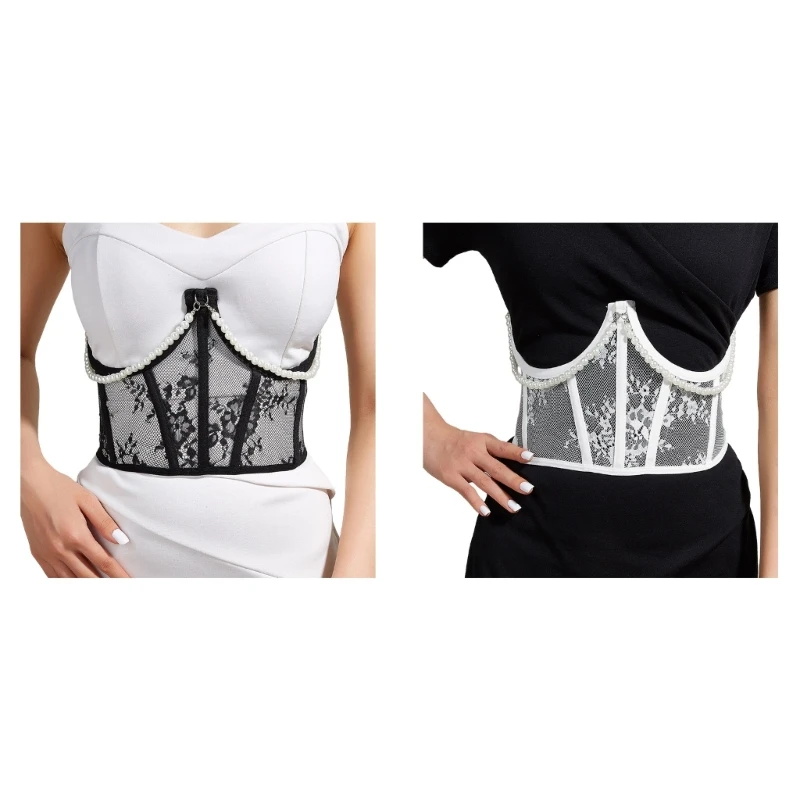 

N58F Sweet Style Dangle Pearl Chain Lace Corset Waist Belts for Woman Tight High Waist Slimming Body Shaping Girdle Belt