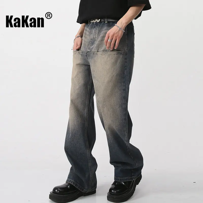 Kakan - New Wash Vintage Jeans Men's Wear, Front Pocket Loose Straight Blue Jeans K50-477