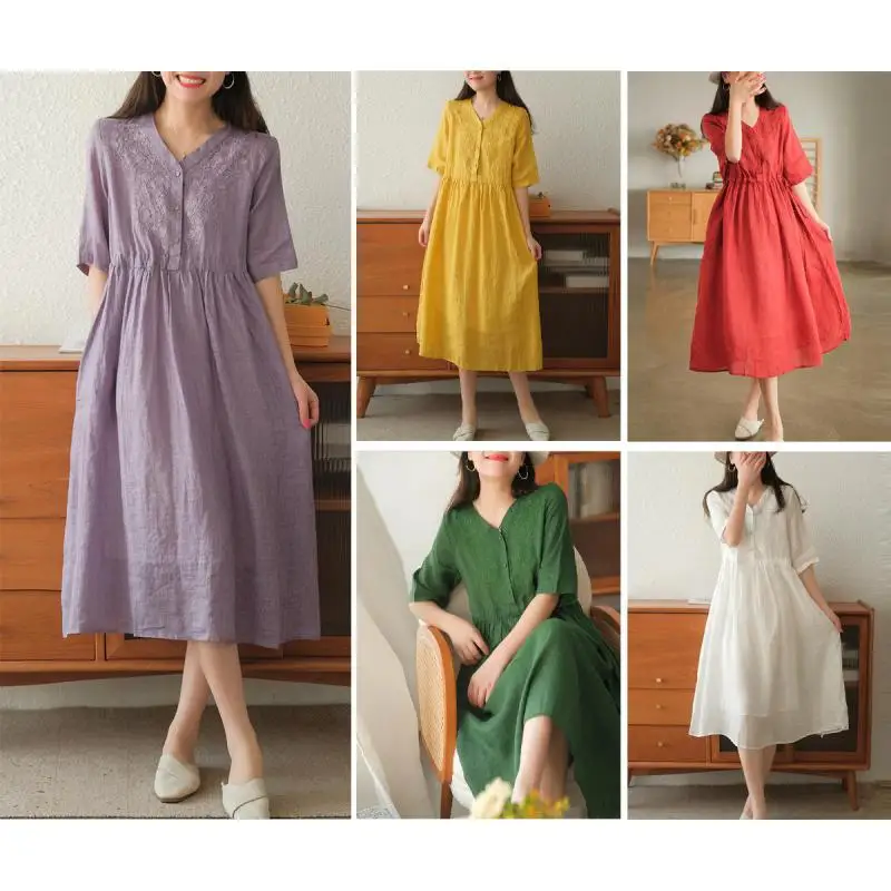 

Женское льняное платье с вышивкой, повседневное простое однотонное платье в этническом ретро-стиле, свободное платье из хлопка, Новинка лета 2022
