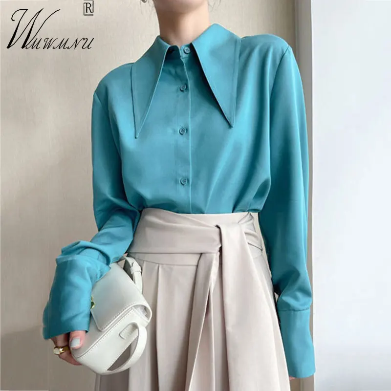 Women's Pointed Collar Blouses French Style Luxury Design Shirt 2023 Spring Summer Tops Long Sleeves Chic Fashion Blue Blusas