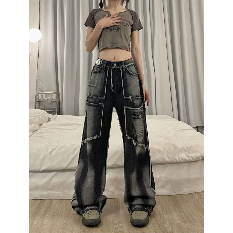 Deeptown Y2k Harajuku Jeans Women Black Denim Baggy Cargo Pants Patchwork Wide Leg Gothic Streetwear Grunge Trousers 90s Vintage