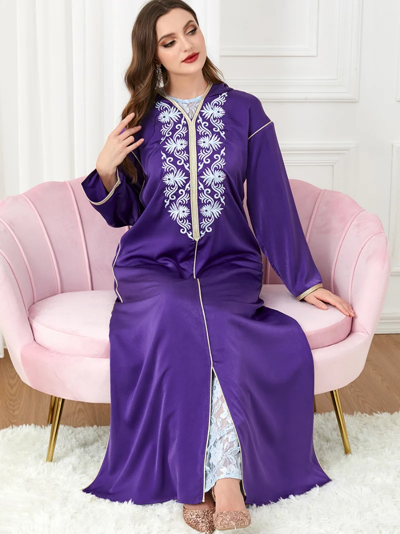 Hooded Moroccan Kaftan 2 Pieces Long Dresses Women Embroidered Evening Muslim Sets Arabic Party Abaya Lace Inner Vest Dress Set