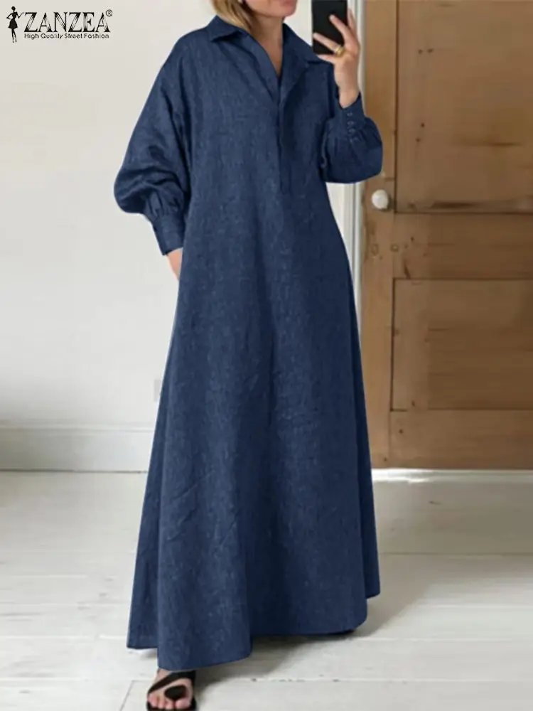 

2022 Spring Office Maxi Vestidos Women Casual Long Sleeve Sundress ZANZEA Elegant Solid Shirt Dress Oversized Retro Kaftan Femme