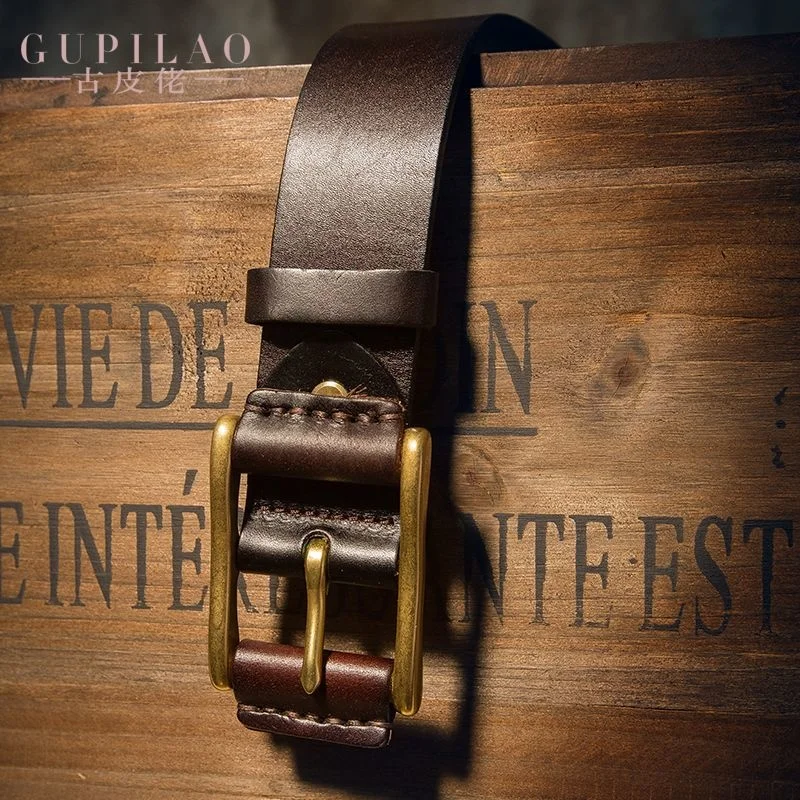 

brass 100% genuine Handmade head layer, cowhide, casual middle-aged belt, leather needle buckle, youth men's