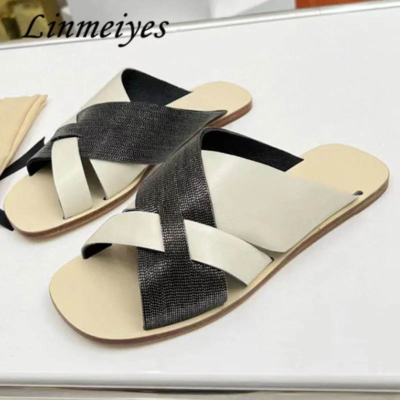 

Hot Sales Flat Slippers Women String Bead Mules Genuine Leatehr Cross Strap Slides Woman Holiday Shoes Summer Slippers Woman