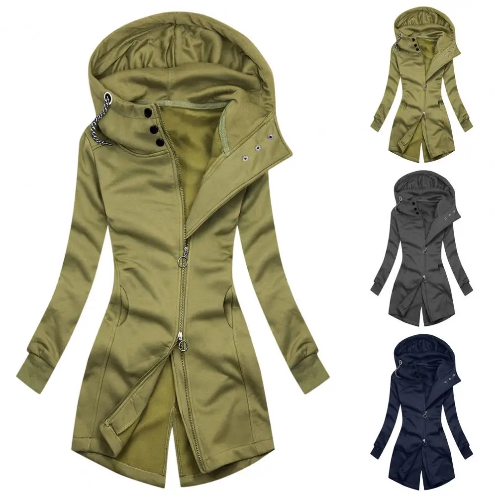 

Women Jacket Elegant Hoodie Coat Autumn Winter Zippers Attractive Asymmetrical Long Jacket