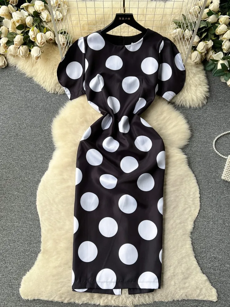 

Женское модельное вечернее платье, элегантное облегающее офисное платье в корейском ретро стиле с круглым вырезом, коротким рукавом-фонариком и роскошным точечным принтом, лето