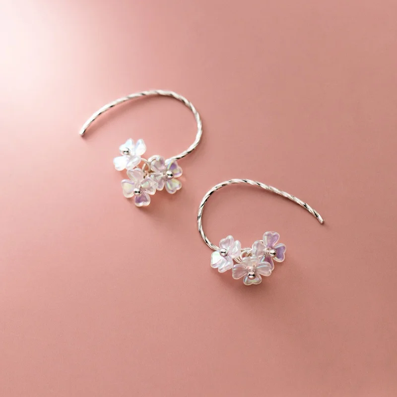 

925Silver Korean Style Fresh Ear Hook Synthetic Shell Four-Petal Flower Carven Design Ear Rings