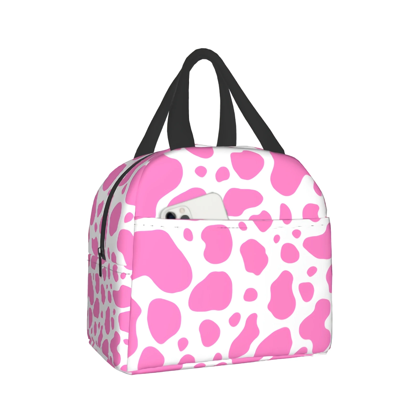 

Розовая сумка для ланча с коровьим принтом, розовая сумка-тоут, изолированная сумка для ланча с животным принтом для женщин, мужчин, девочек-...