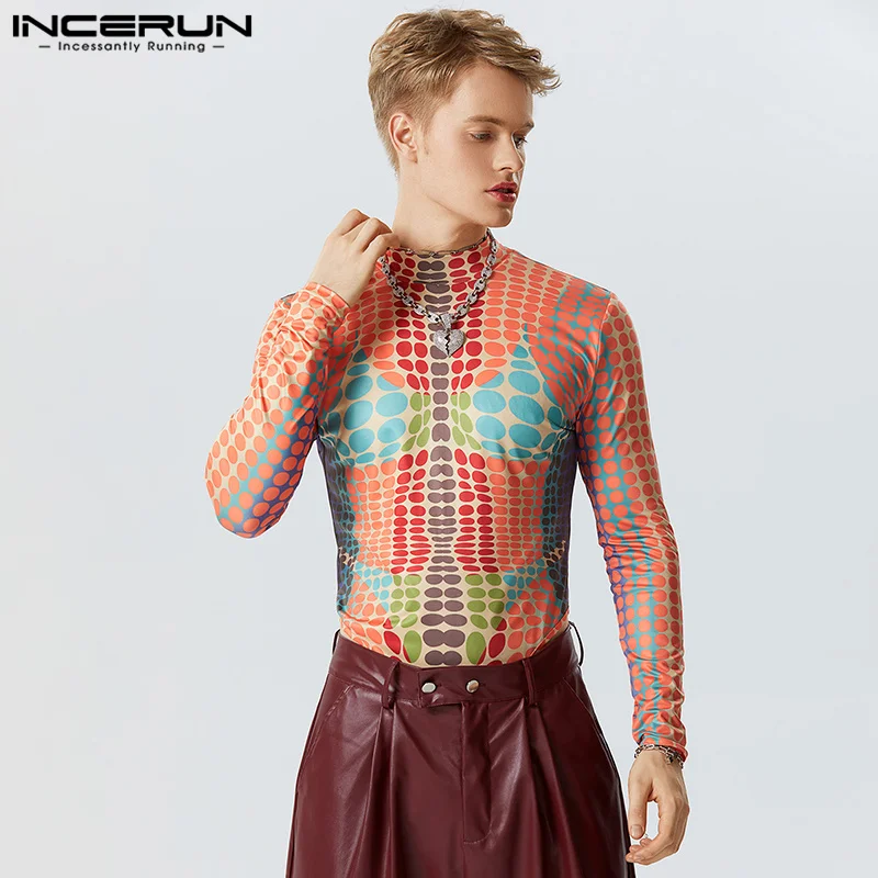 2023 Men Bodysuits 3D Printing Turtleneck Long Sleeve Male Rompers T Shirts Streetwear Fitness Fashion Bodysuit S-5XL INCERUN