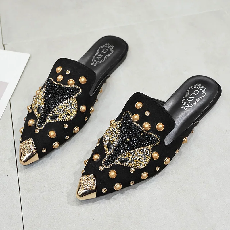 

Women Shoes Fashion String-bead Pointed Rhinestone Rivet Flat Women Slippers Slip-On Mules Loafer Sandals Slides Ladies Shoes