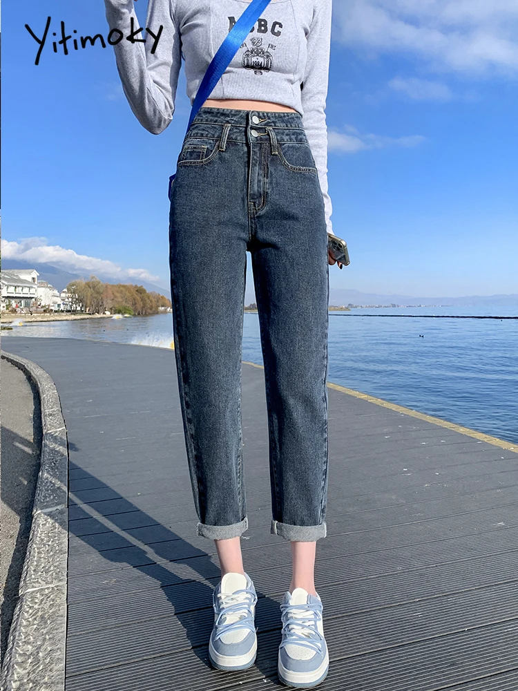 

Yitimoky High Waist Full Length Fashion Stretch Vintage Pants Women Jeans Spring Wide Leg Pants Straight Ladies Student Jeans
