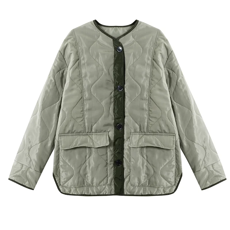 Green Winter Quilted Parkas Female Casual Long Sleeve Pocket Single Breasted Round Edge Jacket Coat winter jacket women
